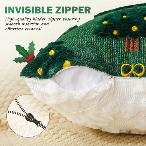 Green+ White 20x20 Inch Christmas Pillow Covers Set - Double-Sided 3D Embroidered Holiday Decor