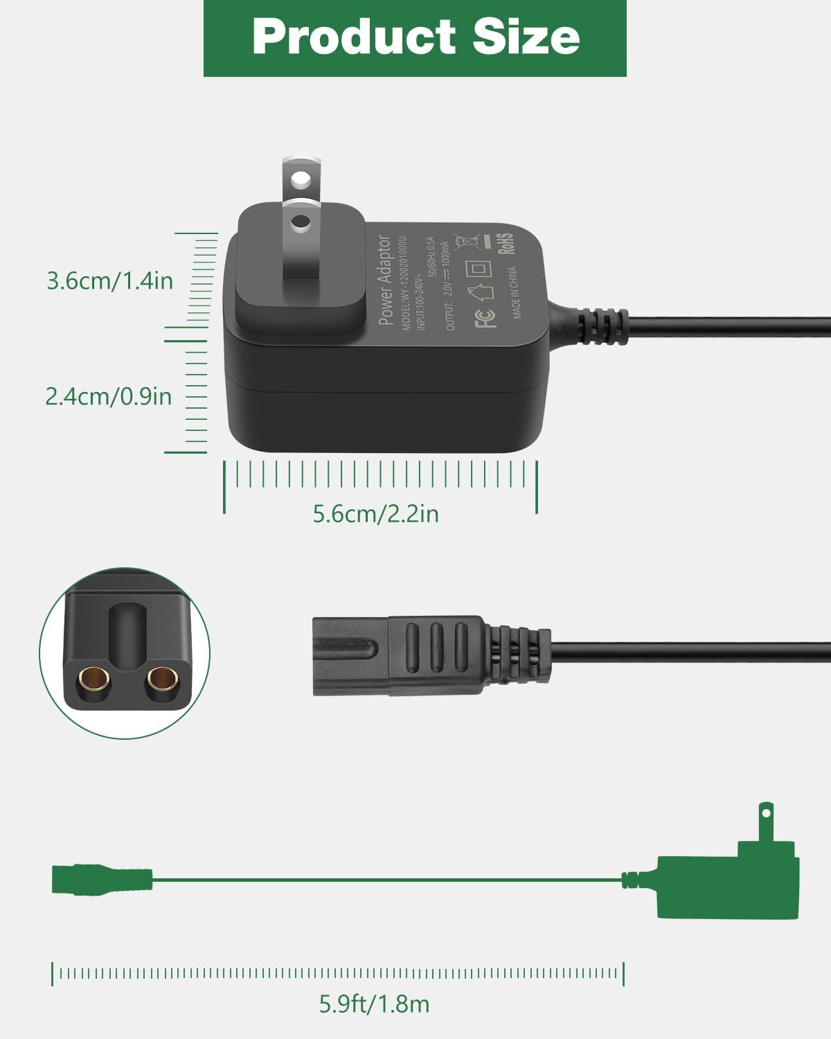 Wahl 2V Charger - Compatible Power Cord for Shaver & Trimmer 8061, 8163, 8786 | 5.9ft Length