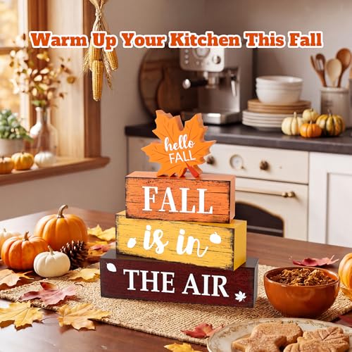 Fall Wooden Decor Set - Rustic Autumn Table Decorations for Home, Includes 'Fall is in The Air' Sign - 4 Pieces