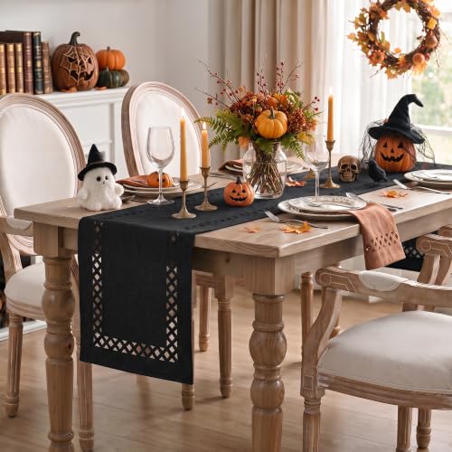 13x120 Inch Black Rustic Geometric Hollow Table Runner – Halloween Kitchen Decor
