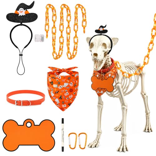 7Ft Skeleton Dog Costume Accessories Set - Orange Halloween Decor