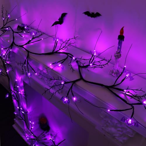 9FT Halloween Garland with Purple LED Lights & Bats - Indoor Spooky Decor, Battery Operated
