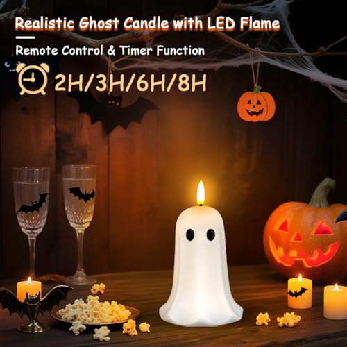 Halloween Ghost Flameless Candle with Timer - LED Flickering Flame, Real Wax, Remote Control, Ghost Light Variation