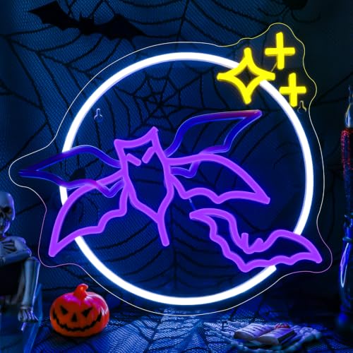 Purple Bat Neon Sign with Flashing Wings Halloween Wall Decor