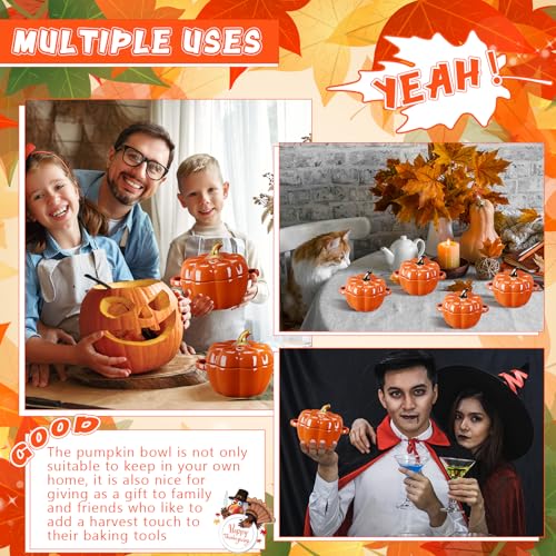 Ceramic Pumpkin Bowls Set of 3 - 15.5 oz Halloween Thanksgiving Decor