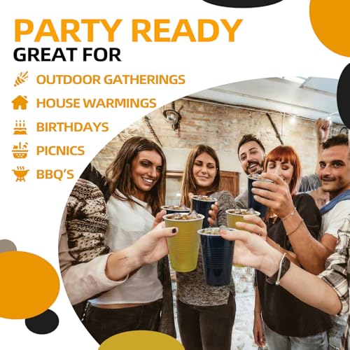 Black and Gold Plastic Cups 16 oz Pack of 100 - Party Disposable Drinkware with Textured Grip