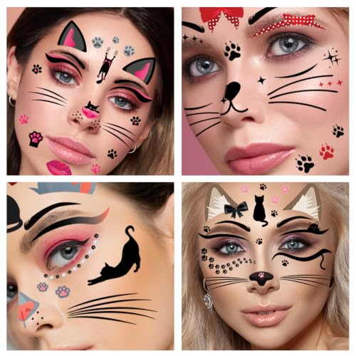 Cat Face Tattoos for Women & Girls - 6 Sheets with Paw Ears & Whiskers - Variation: Cat