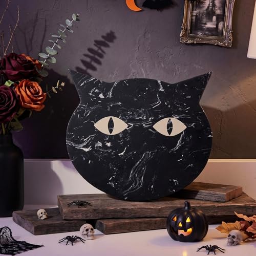 Halloween Cat Marble Cheese Board - Black 11x9.8 Inch Serving Tray with Variation Black/Cat
