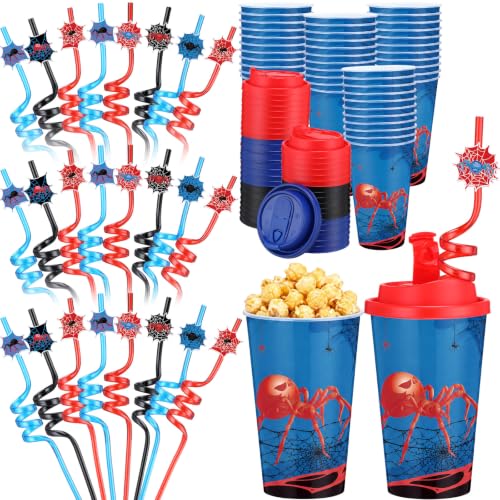 24 Sets Spider Party Cups with Lids & Straws - Reusable 16oz Plastic Party Favors - Halloween & Birthday Decor