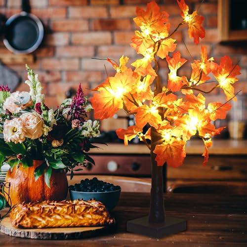 2-Pack 24-Inch Lighted Fall Maple Trees for Thanksgiving & Holiday Decor