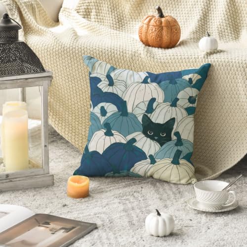 Blue Fall Pumpkin Black Cat Throw Pillow Cover 18x18 Inch - Pack of 1