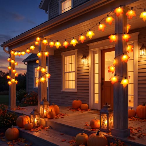 Orange & Yellow Maple Leaf String Lights - 10.5FT Outdoor Fall Decor with 10 LEDs