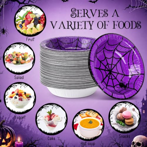 Halloween Spider Web Paper Bowls - 50 Pack 16 oz Disposable Snack & Salad Bowls - Variation of Spider Web