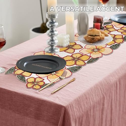 Beaded Table Runner Yellow & Green 36x13 Inches - Handcrafted Decor