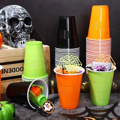 Halloween 16oz Disposable Plastic Cups - Black, Orange, Green, Pack of 150
