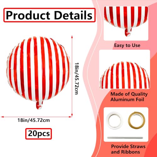 18-Inch Red and White Striped Balloons 20pcs for Carnival Circus Party