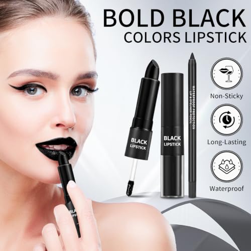 2-Pack Black Liquid Lipstick & Lip Liner Kit for Halloween & Cosplay