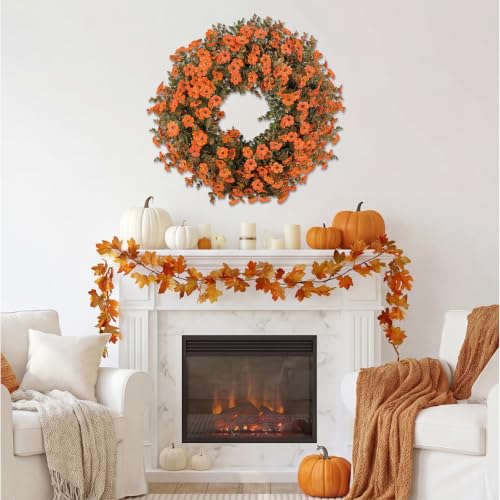 Fall Wreath for Front Door - Autumn Harvest Decor with Eucalyptus & Mums - Orange-3