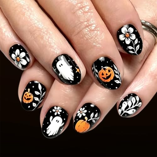 Halloween Press On Nails Short Almond Fake Nails with Ghost Pumpkin Flower Design - Variation 245