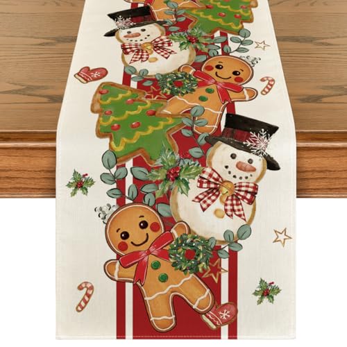 Gingerbread Snowman Table Runner 13x120 Inch Home Holiday Decor Beige-Red