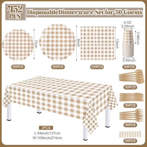 Gingham Party Supplies Set - Brown and Beige Disposable Plates Napkins Cups Cutlery & Tablecloth - 452 Pieces