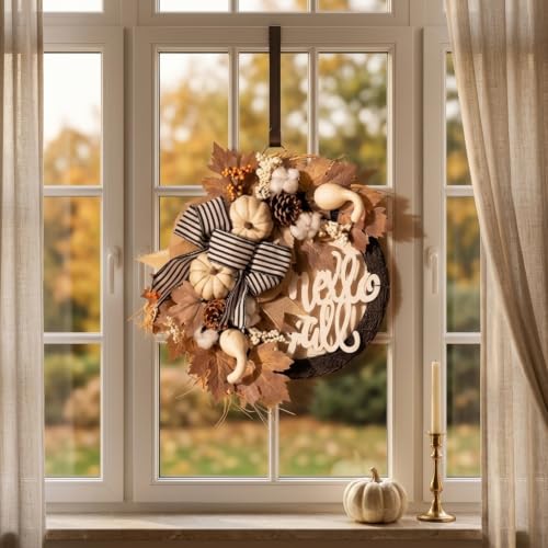 White 22-Inch Collapsible Fall Wreath with Pumpkins and Lights for Front Door