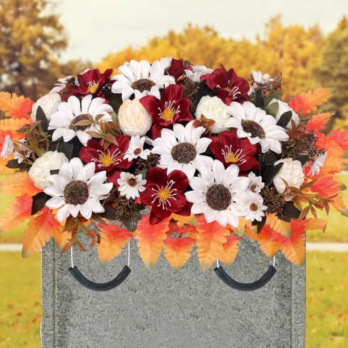 Fall Artificial Cemetery Flowers Headstone Flower Saddle - White & Saddle