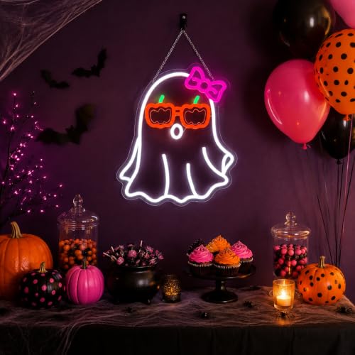 Ghost Pumpkin Glasses Neon Sign LED Light Halloween Wall Decor - Pink Bow Variation