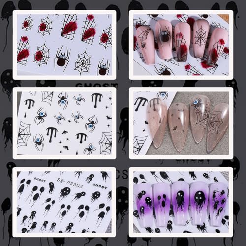 Halloween Nail Stickers 01 - 6 Sheets Spider Web Bat Ghost Decals for DIY Manicure