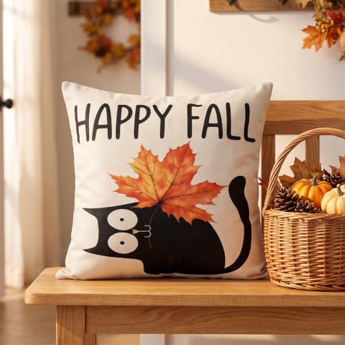 Cat Fall Pillow Covers 20x20 Pack of 2 - Autumn Colors Watercolor Design