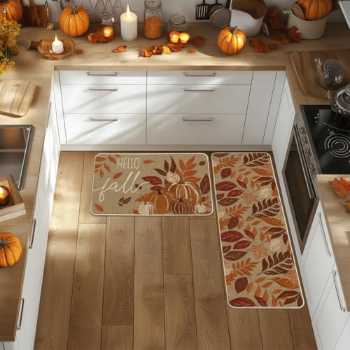 Vintage Pumpkin Fall Kitchen Mats Set of 2 - 17x29 & 17x47 Orange