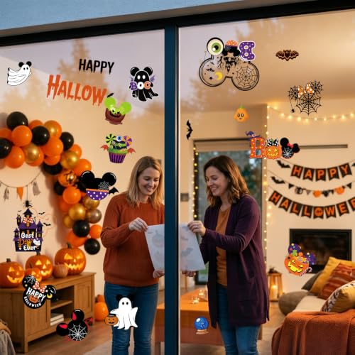 Halloween Mouse Window Clings - Ghost and Pumpkin Decor, 9 Sheets, Reusable Static Clings for Glass Doors & Windows - Halloween Party & Classroom Decorations