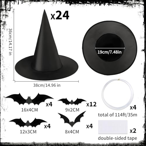 Halloween Witch Hat Set with 3D Bat Stickers - Indoor Outdoor Decorations, 24 Pieces