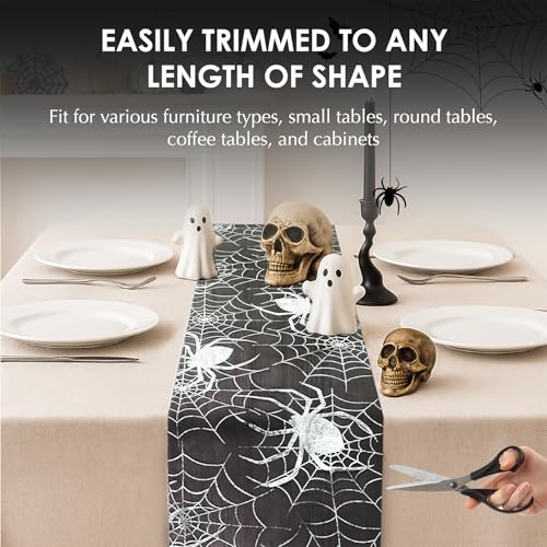Halloween Table Runner Silver Spider Web Pattern 13x72 Inch Gothic Table Cover