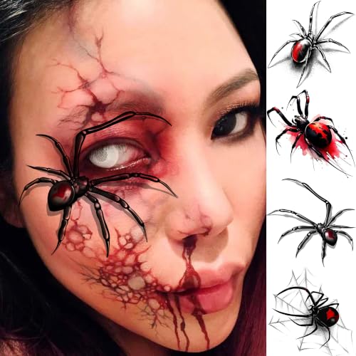 Spider Temporary Tattoos - 12 Sheets Realistic 3D Spider Web Halloween Body Art
