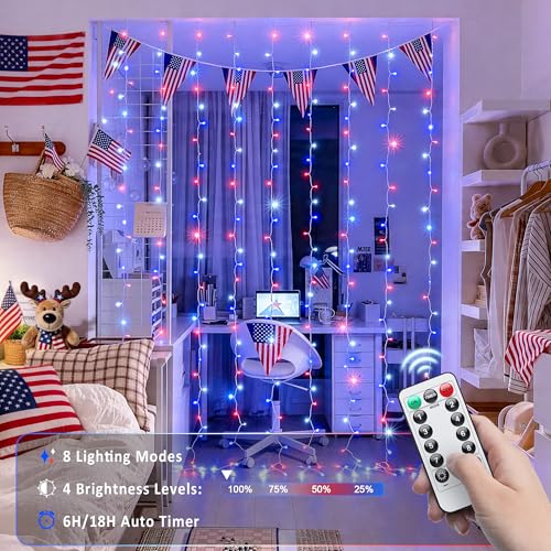 JMEXSUSS 300 LED Curtain Lights for 4th of July - Red White & Blue, 9.8x9.8ft, Outdoor Indoor Decor with Remote