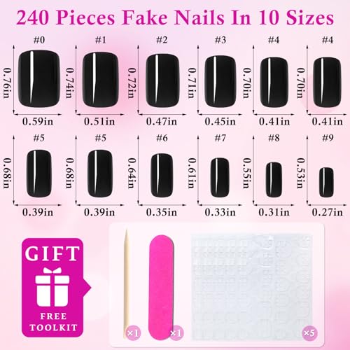 LuckForever Short Square Black Press-On Nails with Tabs - 240 Pack