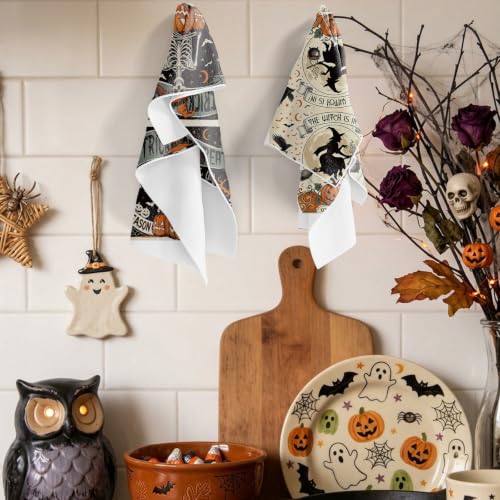 Halloween Kitchen Towels Set - Vintage Skull Pumpkin Witch 16x24 Inches