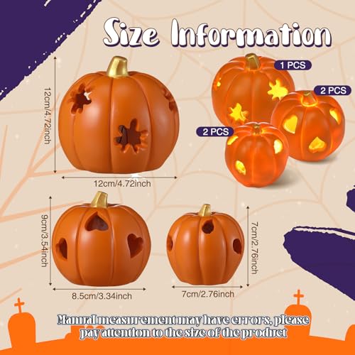 Lighted Pumpkin Decor Set - Orange Halloween Fall Lanterns for Autumn Table Centerpiece - 5 Pack