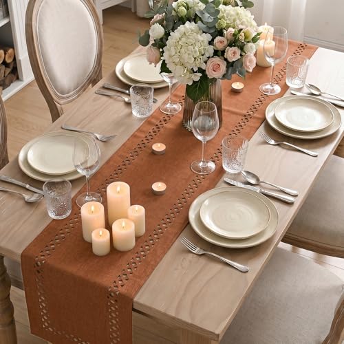 Rusty Orange Geometric Table Runner 13x60 Inch Fall Thanksgiving Decor