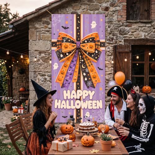Halloween Door Cover Banner with Gift Bow Design - 70.8 x 35.4 in for Party & Home Decor