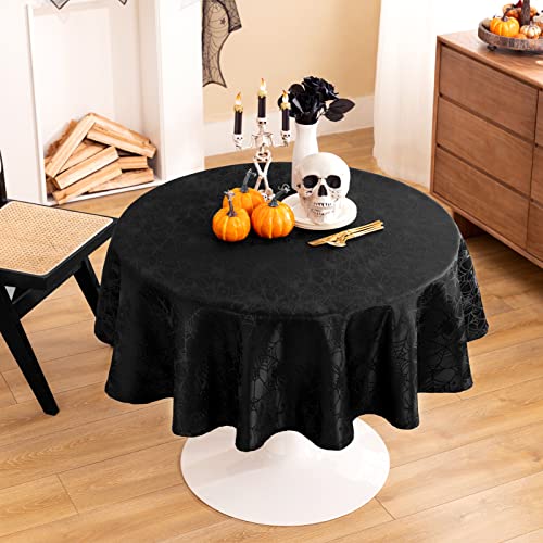 Black Spider Web Round Tablecloth - 60 Inch Spillproof Halloween Decor - Black / 60"