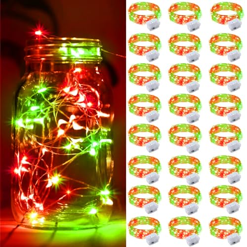 Battery Operated Fairy Lights 7ft 20LED Silver Wire Christmas String Lights - Red & Green, 3 Modes, Waterproof, 24 Pack