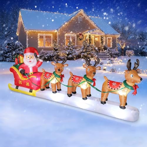 12 FT Christmas Inflatable Santa with Reindeer Yard Decor LED Lights Outdoor