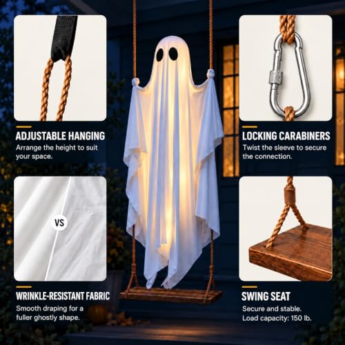 Large 5.8 FT Swinging Ghost with Lights Halloween Yard Decoration