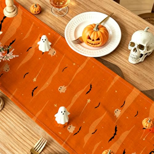 Halloween Table Runner 13x72 Inch Haunted Castle Design - Orange, Spooky Decor