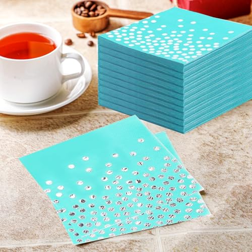 200Pcs Teal and Silver Dot Party Napkins - Elegant Cocktail & Wedding Supplies