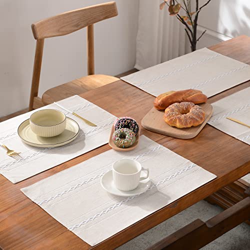 Hemstitched Ivory Cotton Linen Placemats Set of 8 - Embroidered Table Decor