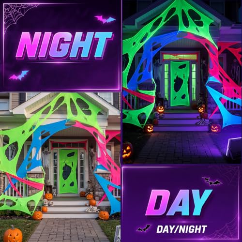 Glow in The Dark Halloween Spider Web 1500 Sq Ft with Black Light & Stakes - 5 Colors