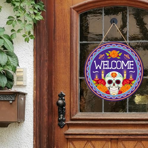 Day of The Dead Welcome Sign Decor - Mexican Sugar Skull Hanging Sign for Home & Front Door